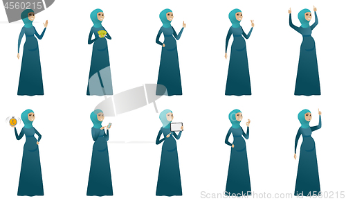 Image of Muslim pregnant woman vector illustrations set.