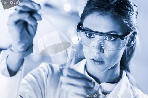 Image of Young scientist pipetting in life science laboratory.