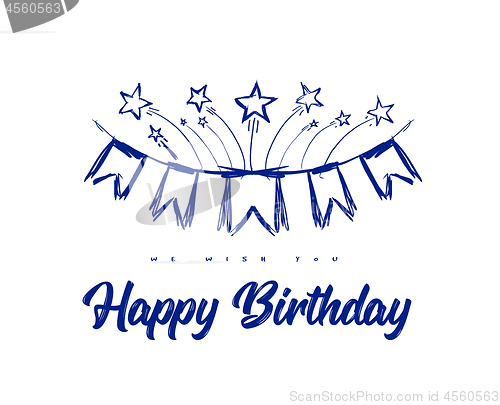 Image of Happy birthday congratulations with flags on ribbons and fireworks from stars. Vector hand drawn illustration in doodle style