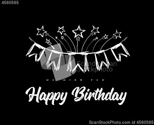 Image of Happy birthday congratulations with flags on ribbons and fireworks from stars. Vector hand drawn illustration in doodle style