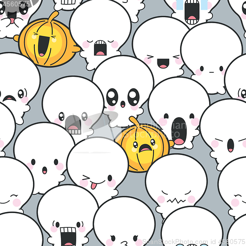Image of Seamless Background Cute Skulls And Pumpkins Celebrating Hallowe