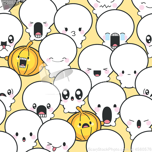 Image of Seamless Background Cute Skulls And Pumpkins Celebrating Hallowe