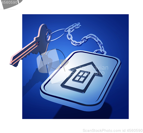 Image of Keys with a keychain on a chain with a house icon. The concept of working with real estate, or the development of new housing. Vector