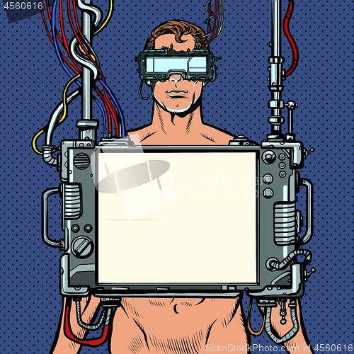 Image of medical research. Cyberpunk naked man virtual reality concept