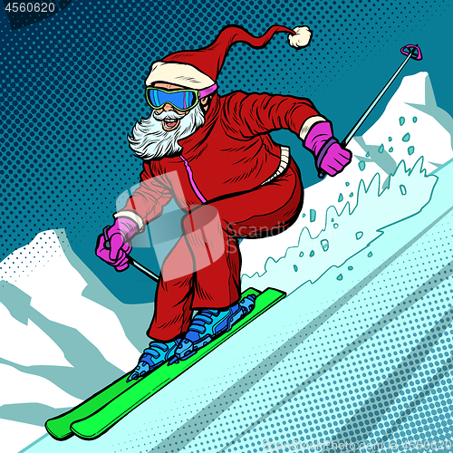 Image of Skier evening rides down the mountain. Santa Claus character merry Christmas and happy new year