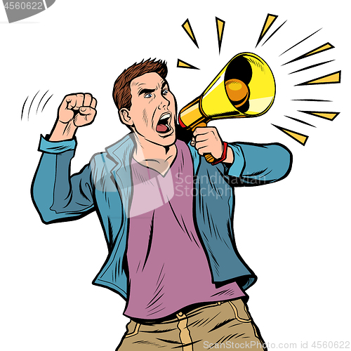Image of man protester with megaphone. isolate on white background