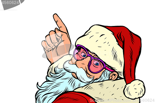 Image of Santa Claus is pointing merry Christmas and happy new year