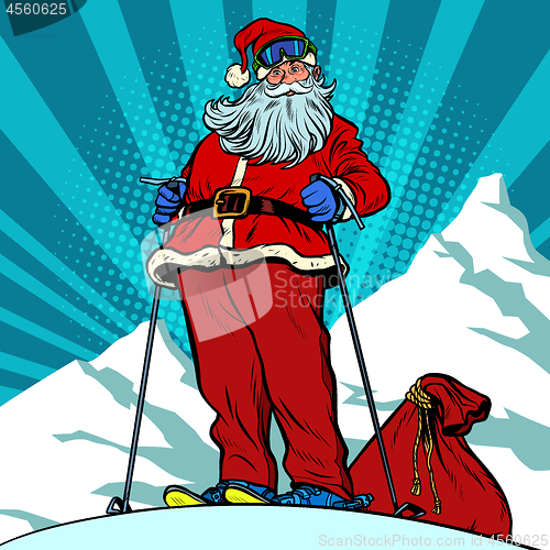 Image of Skier in the mountains Santa Claus character merry Christmas and happy new year