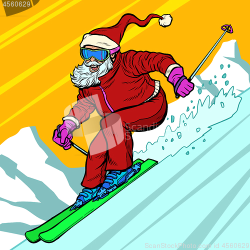 Image of Skier day rides from the mountain Santa Claus character merry Christmas and happy new year