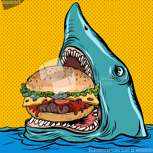 Image of Hungry shark eating a Burger. fast food restaurant concept