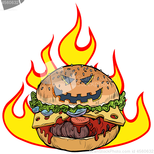 Image of Halloween Burger in the flames of hell. Hot food