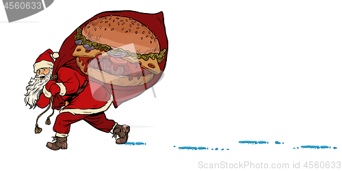 Image of Santa with a Burger fast food. Christmas and New year