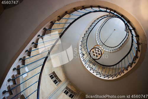 Image of Paris, France - August 05, 2006: Bottom view of the spiral staircase in the gallery of Vivienne