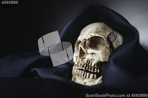 Image of Closeup photo an old skull covered in black robe