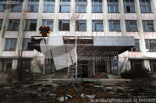 Image of abandoned building in Chernobyl with tree growing from the stairs