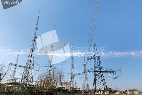 Image of Large pylons at power distributing station