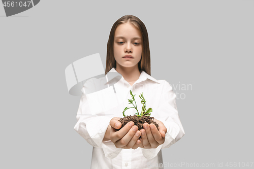 Image of Teen hands with seedlings on gray studio background. Spring concept, nature and care.