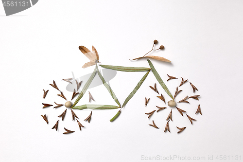 Image of Pattern of leaves and pine seeds in the form of a bicycle on a gray background with copy space. Healthy lifestyle concept. Flat lay