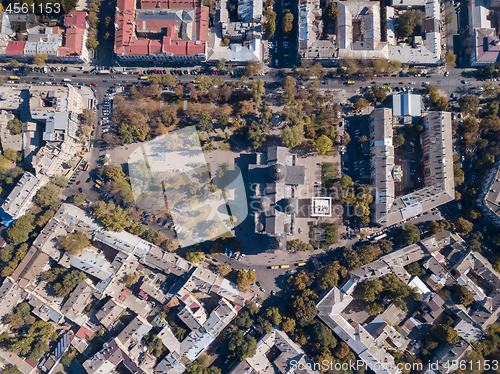 Image of Top view of the road with cars, rooftops and the Spaso-Preobrazhensky Cathedral on a sunny day. Ukraine, Odessa. Aerial view from the drone