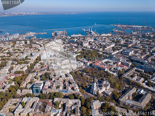 Image of Panoramic view of the city of Odessa, from Spaso-Preobrazhensky Cathedral and sea port on a background of blue sky. Ukraine. Aerial view from the drone