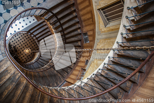 Image of Paris, France - August 05, 2006: Top view of the architectural element of the spiral staircase in the gallery of Vivienne