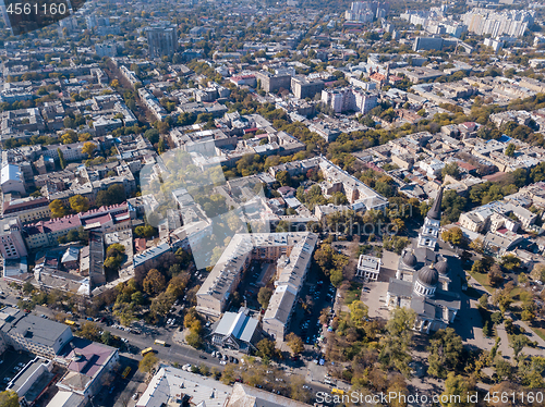 Image of View on Spaso-Preobrazhensky Cathedral, the flower gallery of the house and the road with cars. Ukraine, Odessa. Aerial view from the drone.