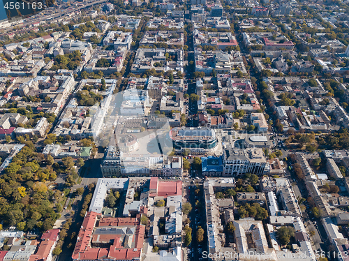 Image of Aerial view from the drone on the shopping center, buildings and streets with cars on a sunny day, Odessa, Ukraine.