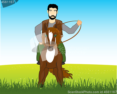 Image of Man goes on horse on green glade