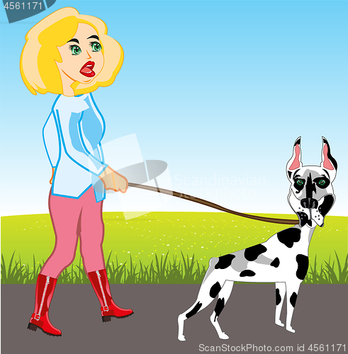 Image of Making look younger girl walks with dog doberman