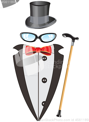 Image of Vector illustration of the suit of the fop and headdress with spectacles