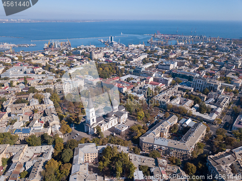 Image of Panoramic view of the Black Sea with the port and the city from Spaso-Preobrazhensky. Cathedral against the blue sky. Ukraine, Odessa. Aerial view from the drone