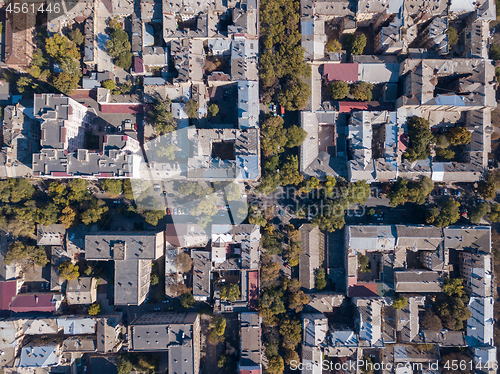 Image of Aerial photography with drone on the street, rooftops and roads with cars on a sunny day. Ukraine, Odessa