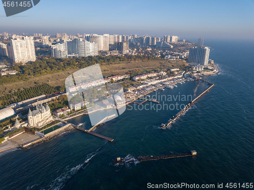 Image of Natural landscape with costline of city Odesa, Ukraine. Seascape with sandy beach and blue water. Aerial view from drone.