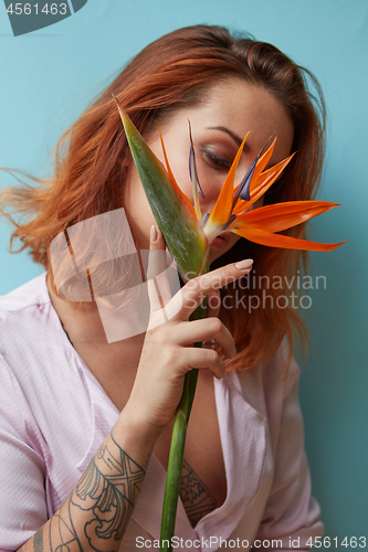 Image of Sexy woman with tattoo holding a strelitzia flower in her hands on a blue background with copy space. Valentine\'s day card