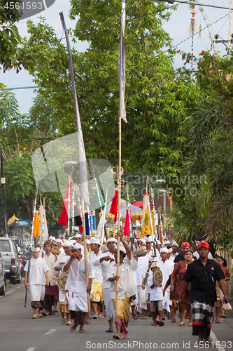 Image of Bali, Indonesia - Feb 2, 2012 - Hari Raya Galungan and Umanis Galungan holiday fesival parade - the days to celebrate the victory of Goodness over evil, on February 2nd 2012 on Bali, Indonesia