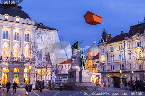 Image of Ljubljana, Slovenia - Mar 5, 2015 - People at capital\'s lively pedestrian Preseren Square at dusk on 5th of March, 2015 in Ljubljana, Slovenia