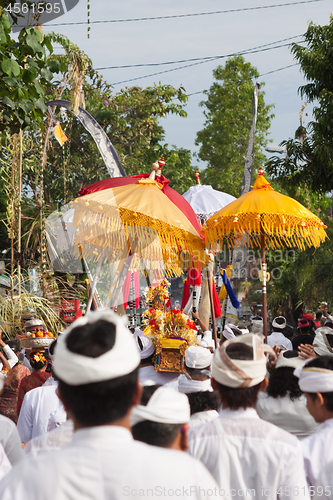 Image of Bali, Indonesia - Feb 2, 2012 - Hari Raya Galungan and Umanis Galungan holiday fesival parade - the days to celebrate the victory of Goodness over evil, on February 2nd 2012 on Bali, Indonesia