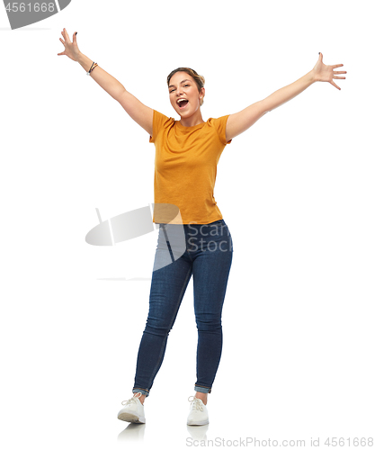 Image of happy young woman or teenage girl having fun