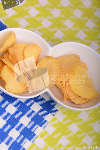 Image of Close up potato chips. top view background