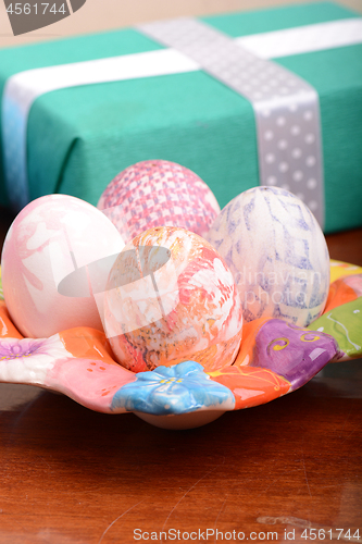 Image of Arrangement of Gift Boxes and Decorated Easter Eggs