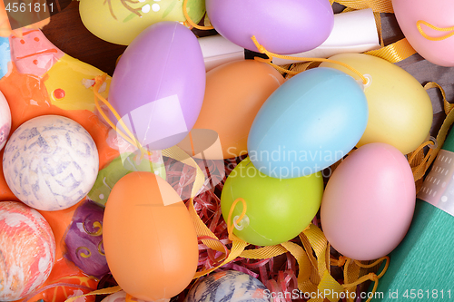 Image of Handcrafted easter eggs close up, ribbons and decoration