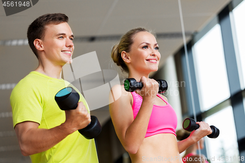 Image of couple with dumbbells exercising in gym