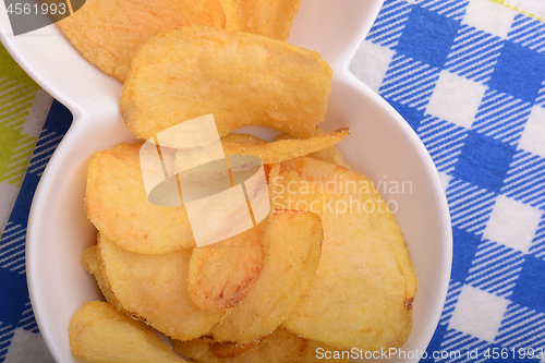 Image of Close up potato chips. top view background