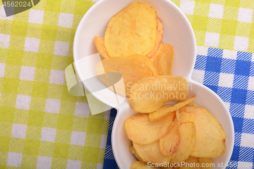 Image of Close up potato chips. top view background