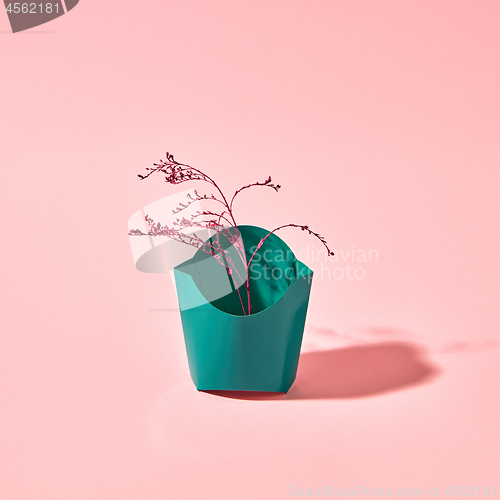 Image of A colored branch in a green cardboard box on a pink background with copy space. Creative layout for postcards.