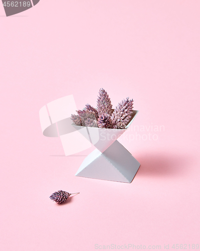 Image of Creative composition of two cardboard boxes with cones on a pink background with space for text. Autumn layout