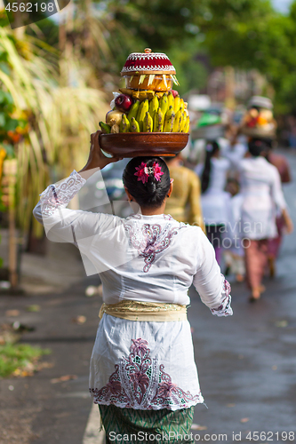 Image of Bali, Indonesia - Feb 2, 2012 - Hari Raya Galungan and Umanis Galungan holiday fesival parade - the days to celebrate the victory of Goodness over evil, on February 2nd 2012 on Bali, Indonesia