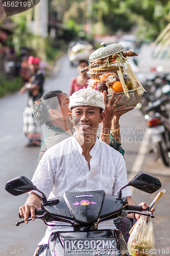 Image of Bali, Indonesia - Feb 2, 2012 - Hari Raya Galungan and Umanis Galungan holiday fesival parade - the days to celebrate the victory of Goodness over evil, on February 2nd 2012 on Bali, Indonesia