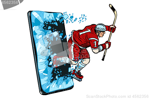 Image of hockey player Phone gadget smartphone. Online Internet application service program