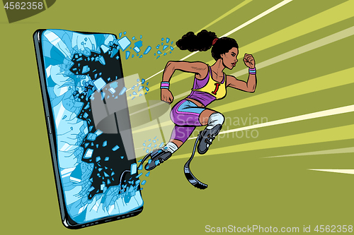 Image of african woman runner disabled leg with prosthesis Phone gadget smartphone. Online Internet application service program